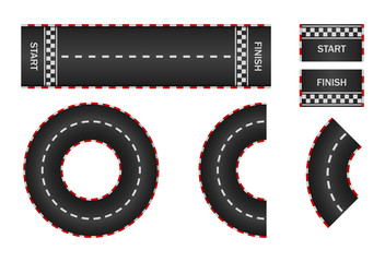 Infinity race. Track with start, finish and line on road. Curve and circle racetrack. f1 in street. Highway, asphalt, drift of car icon. 3d traffic background. Set of roadways for sport kart. Vector