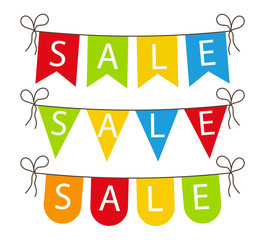 Flag sale. Banner for celebrate sale. Fair with bright, colorful decoration. Festive discount with color bunting. Shopping concept. Hanging garland and ribbon on outdoor for happy event. Vector