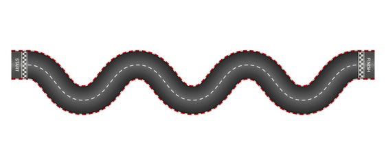 Curve track for car. Asphalt road with start, finish for f1. 3d texture of street. Tarmac surface for kart. Top formula in monaco. Black highway with white line and curbs. Endless speedway. Vector