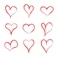 Heart hearth. Collection of handmade hearts. Love pattern. Heart drawn of brush. Handdrawn red logo for flirt, sweetheart, valentine day, marriage. Grunge shapes for cartoon, gift, label. Vector