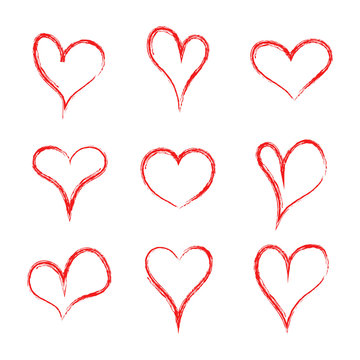 Heart hearth. Collection of handmade hearts. Love pattern. Heart drawn of brush. Handdrawn red logo for flirt, sweetheart, valentine day, marriage. Grunge shapes for cartoon, gift, label. Vector