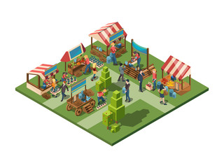 Local market. Farmers selling healthy natural farming products in containers outdoor store with vegetables and fruits vector isometric concept. Organic market, store vegetable and fruit illustration
