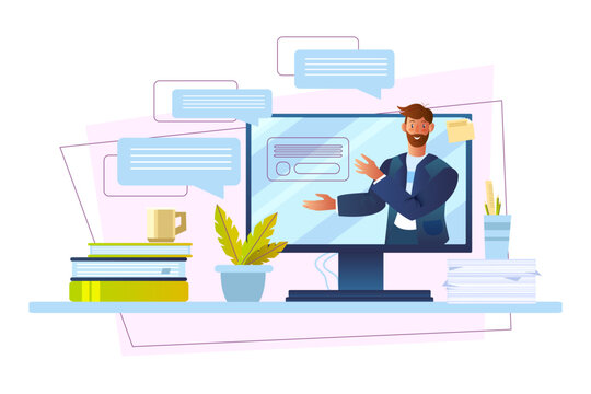 Online course banner with male tutor, computer screen, messages, papers, cup. Remote education and work concept with smiling man in a suit, houseplant. Digital communication illustration in flat style
