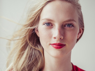 Blonde hair woman model red lipstick lips beauty portrait