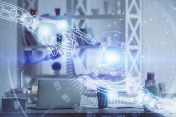 Double exposure of data theme drawing and office interior background. Concept of technology.