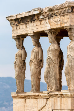 The porch of the Caryatids, a detail of the Erechtheion temple at the Acropolis of Athens, Greece