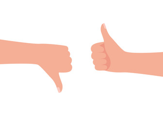 Hand gesture man feedback like and dislike. Hands finger up and down. Congratulations, cheering, thanksgiving, thank you and condemn, deny, bad. Vector illustration