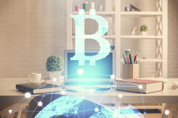 Double exposure of crypto technology theme drawing and office interior background. Concept of blockchain.