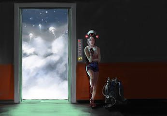 Fototapeta na wymiar illustration The woman who returned home with the bike stopped taking photos of the moon. Digital Painting