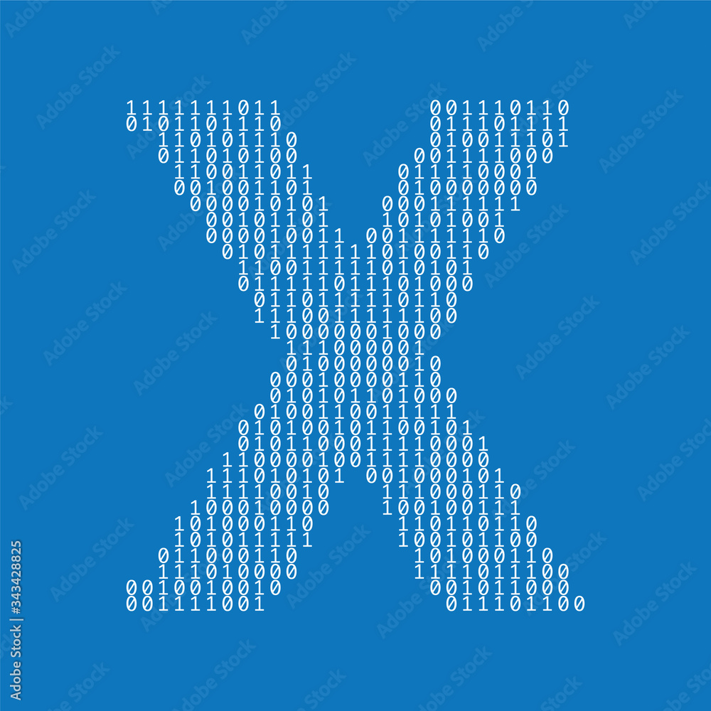 Poster letter x made from binary code digits. technology background