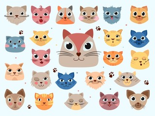 Kitty head. Funny animals domestic colored cats different emotions vector doodle illustrations. Kitty head, cat animal character