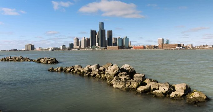 Timelapse Of Downtown Detroit Across River Wide Sunny