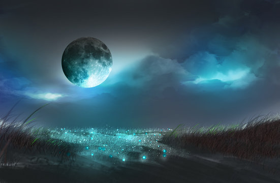 illustration The woman who returned home with the bike stopped taking photos of the moon.  Digital Painting