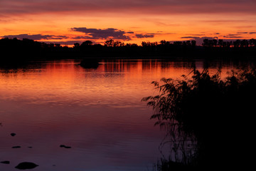 Fototapeta premium Sunset over the pond Rezabinec near Pisek town, Southern Bohemia, Czech Republic