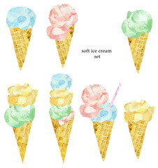 Watercolor set of sot ice cream in waffle cone. Summer colorfull dessert on isolated white background for party card, greeting card.