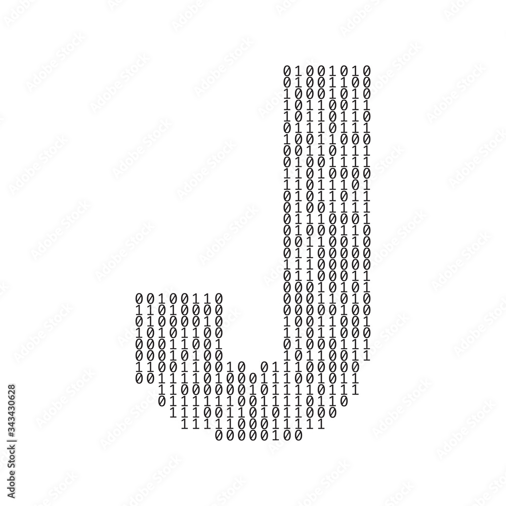 Poster letter j made from binary code digits. technology background