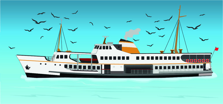 Istanbul Ferry illustration with istanbul silhouette. Traditional Turkish steamboat. Seagulls