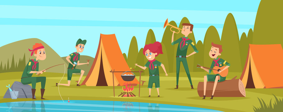 Outdoor Scouts. Teacher Studying Little Rangers Survive In Wild Tree Group Of Scouts In Uniform Sitting In Camp Events Vector Characters. Forest Rest Exploration, Explorer Sitting In Camp Illustration