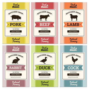 Meat labels. Butcher shop logo and fresh meat stickers or banners with animal picture steak for grocery tag vector set. Butchery farm tag, shop label illustration