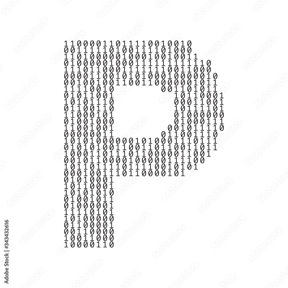 Poster letter p made from binary code digits. technology background