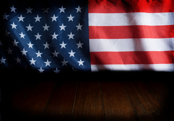 Fototapeta na wymiar USA flag on wooden background and floor.