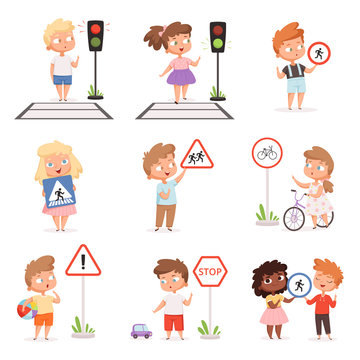 Traffic road education. School kids learning safety crossroad walking traffic lights and signs vector illustrations set. Boy and girl education safety traffic on road, regulation direction