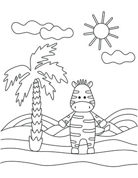 Cute coloring book with a funny Zebra, palm tree, sun. For the youngest children. Black sketch, simple shapes, silhouettes, contours, lines. Childish vector illustration.