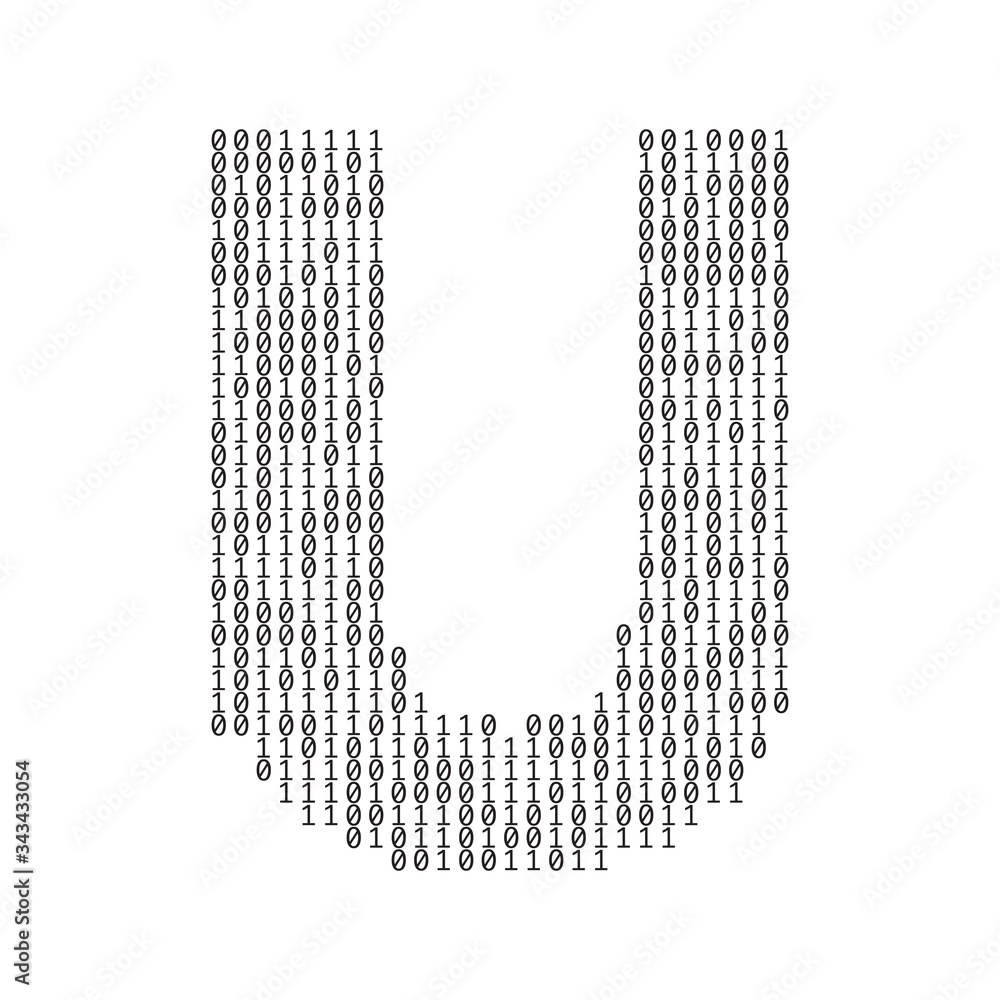 Poster letter u made from binary code digits. technology background