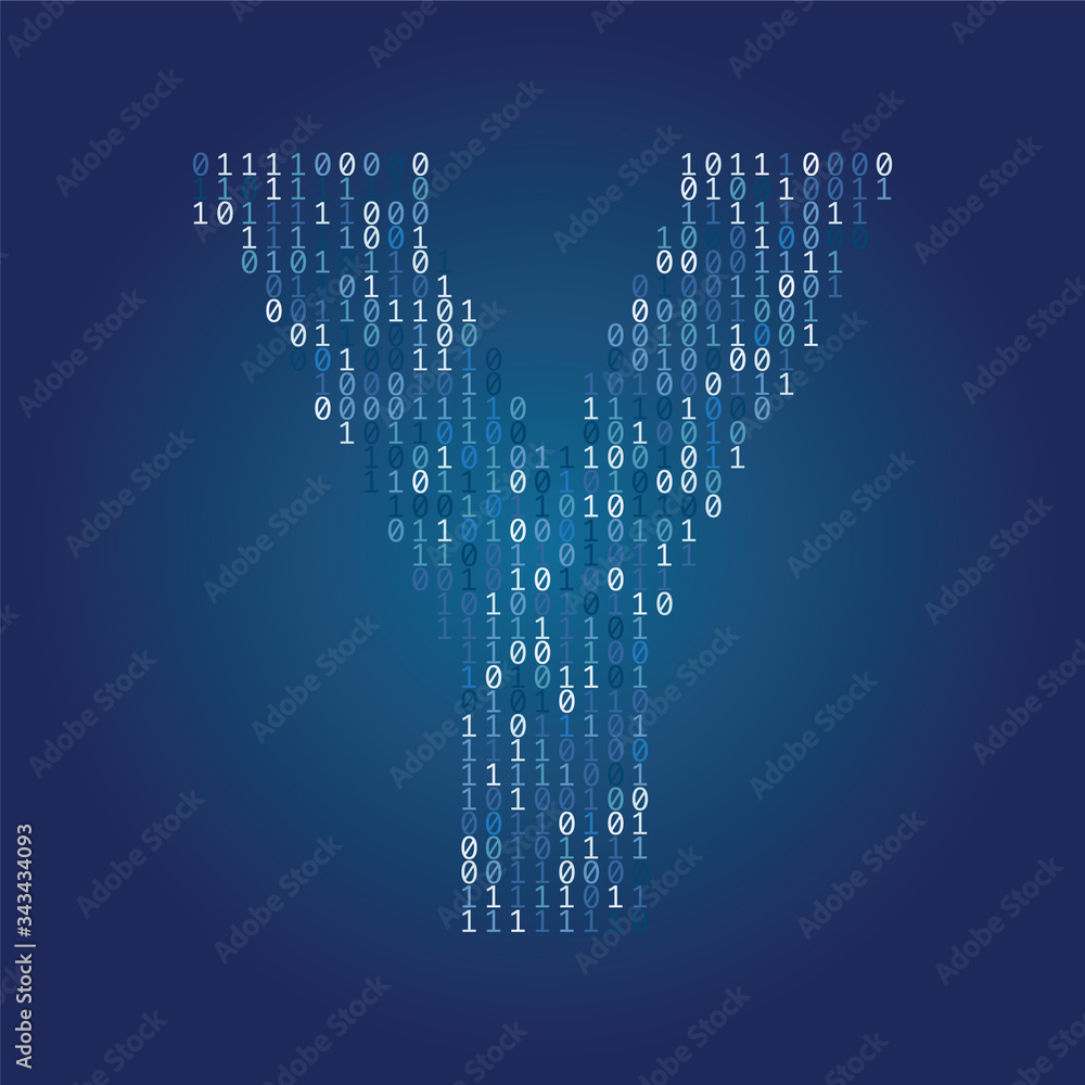 Poster Letter Y font made from binary code digits on a dark blue background
