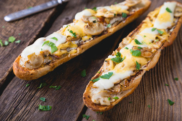 hot sandwich on a baguette with mushrooms and cheese