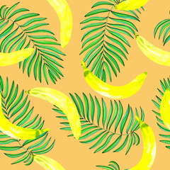 Fototapeta na wymiar watercolor bananas and palm leaves tropical print on an orange background