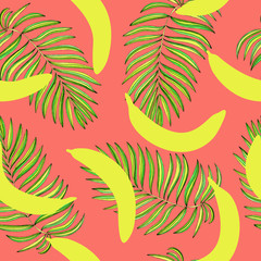 Fototapeta na wymiar tropical print with bananas and palm leaves on a coral color background, seamless summer pattern.