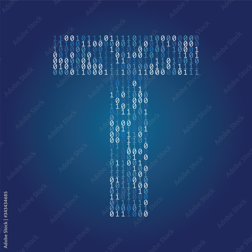 Wall mural Letter T font made from binary code digits on a dark blue background - Wall murals