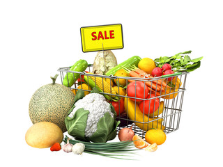 grocery basket with vegetables and fruits concept of fresh food sale 3d render on white no shadow