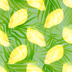 Seamless watercolor pattern with tropical mango fruit on a background of green palm leaves.