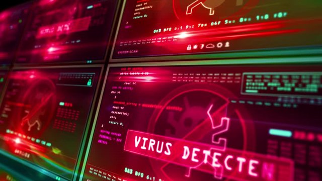 Virus detected alert on moving computer screens. Global attack, cyber security breach warning with worm symbol and system protection concept 3d loopable and seamless animation with glitch effect.