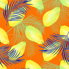 tropical seamless print with mango and palm leaves on an orange background, pattern with juicy watercolor fruits and exotic plants.