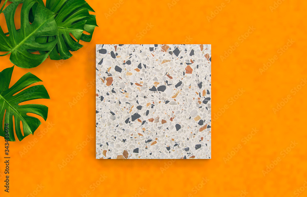 Poster natural empty cube box on summer vivid color background with tropical palm leaves. for cosmetic prod