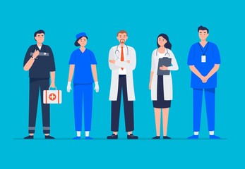 Set of medical workers. Medical team - doctor, nurse, surgeon, paramedic. Flat design characters.