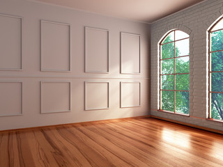 empty bright room with a window and sunbeams on the walls