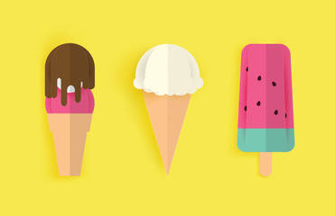 paper art and crafts colorful ice cream set on yellow background. Vector illustration. icecream paper.