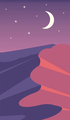 Creative concept vector illustration desert dune sand hill landscape in thenight time  background.