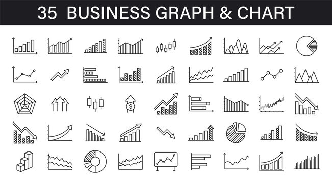 Business graphs and charts icons. Business infographics icons. Statistic and data, charts diagrams, money, down or up arrow, economy reduction. Financial chart. Vector illustration.