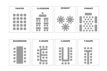 A set of schemes for arranging seats. The chairs and the tables in meeting rooms, conference halls and other places. Vector.