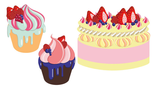 Cakes dessert cartoon icons in set collection for design