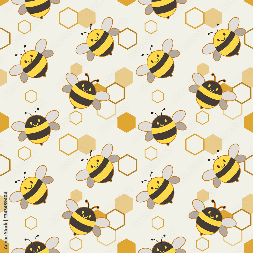 Wall mural the seamless of cute bee and shape of hexagon on the white background. the pattern of cute bee and p