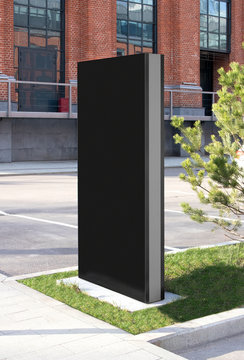 Blank black vertical pylon stand mockup brick building, side view