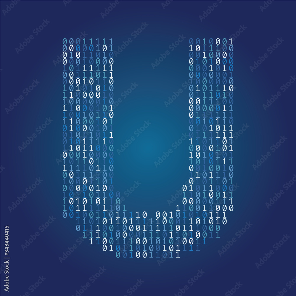 Poster letter u font made from binary code digits on a dark blue background