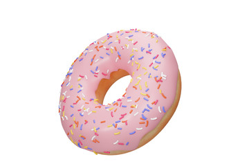 pink strawberry glazed donut or doughnut with sprinkles isolated on white background, 3d rendering, with clipping path