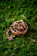Bowl with dried mushroom on green grass russian cuisine side